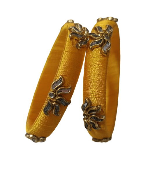 Yellow Silk Thread Bangles with Floral Embellishments view 2