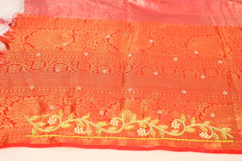 Red and gold embroidered blouse with floral design view 2