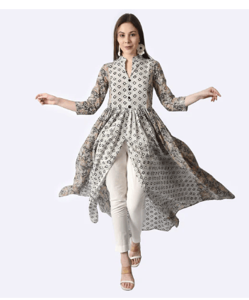 Grey Hand Block Printed Cambric Cotton Kurta with Pants- Set of 2 view 2