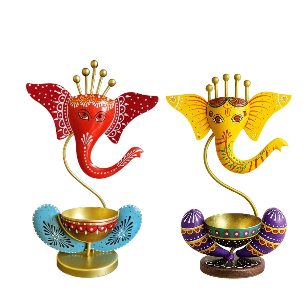Decorative Ganesh T-Light Holder Set, Metal Candle Holders for Home, Diwali, Pooja Room, 2 Pieces view 2