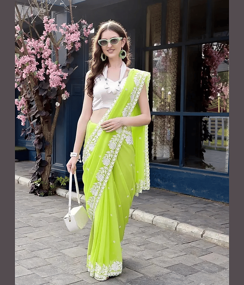 BLEESBURY Georgette Embroidered Saree With Unstitched Blouse Piece ( Lime Green )