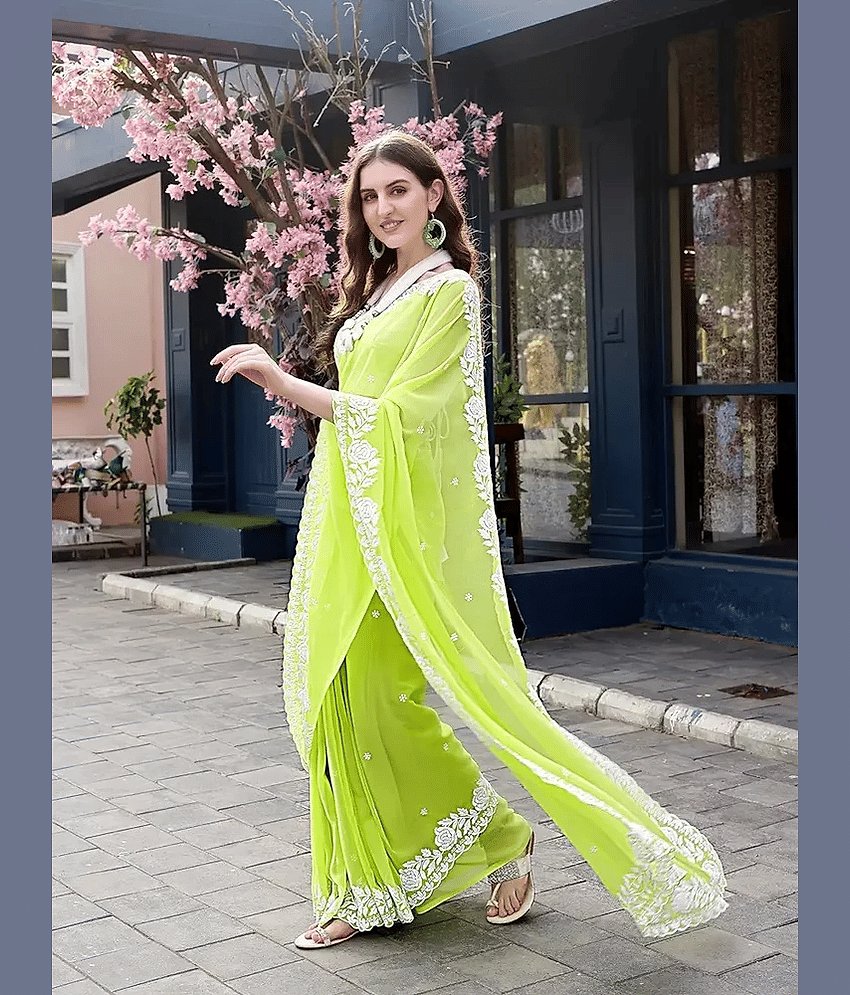 BLEESBURY Georgette Embroidered Saree With Unstitched Blouse Piece ( Lime Green ) view 2