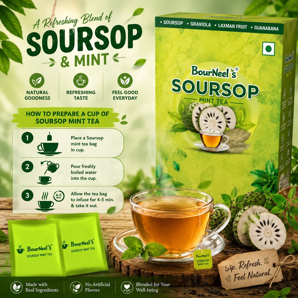 BourNeel's® Soursop Mint Tea Box (20 Bags)|Dipping Tea Bags | Combination of Dry Soursop Leaves & Mint Leaves| No Preservatives | Graviola Laxman Phal Dry Leaves | High Vitamin C |Soursop Mint Kadha Tea | view 2