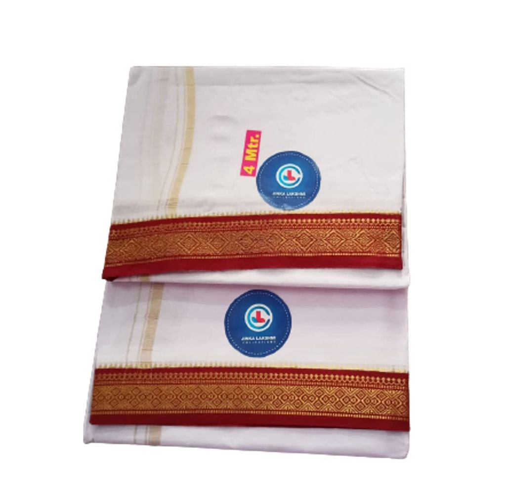 Jinka Lakshmi Collections 100% Handloom White Cotton Dhoti With Big Borders 4 Meters Unstitched Pack of 2 (Multicolor-3) view 2