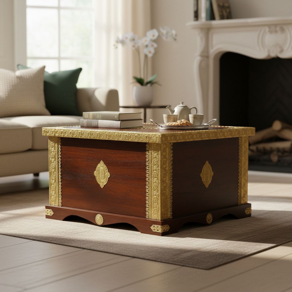 Wooden Brass Fiting Central Trunk Storage Table Box-BedSide Living Room Box view 2