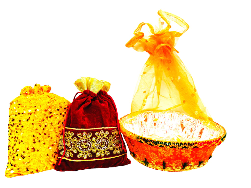 Omkar by R3 Inc. Royal Gift Basket & Shagun Potli Combo pack for Gifts Hampers | Fancy Gifting | Wedding Gifting|Shagun|Return Gift (Pack of 3 Large) Shagun Potli & Round Basket - Multi Color view 2