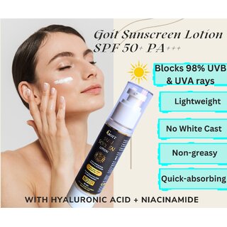 Goit Sunscreen SPF 50++++, Ultimate Shield for Indoor Outdoor Protection, Enriched With Hyaluronic Acid Niacinamide, 50gm, With Korean Beauty Cica Leaf