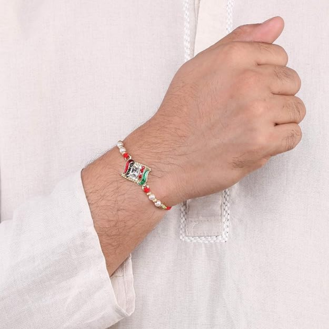 LIVE EVIL Premium Designer Rakhi for Brother with Kundan Crystal Stone, Pearl Beads, Red Green Enamel Work, Gold-Tone Finish & Traditional Red Thread Raksha Bandhan Special Rakhi Gift view 2