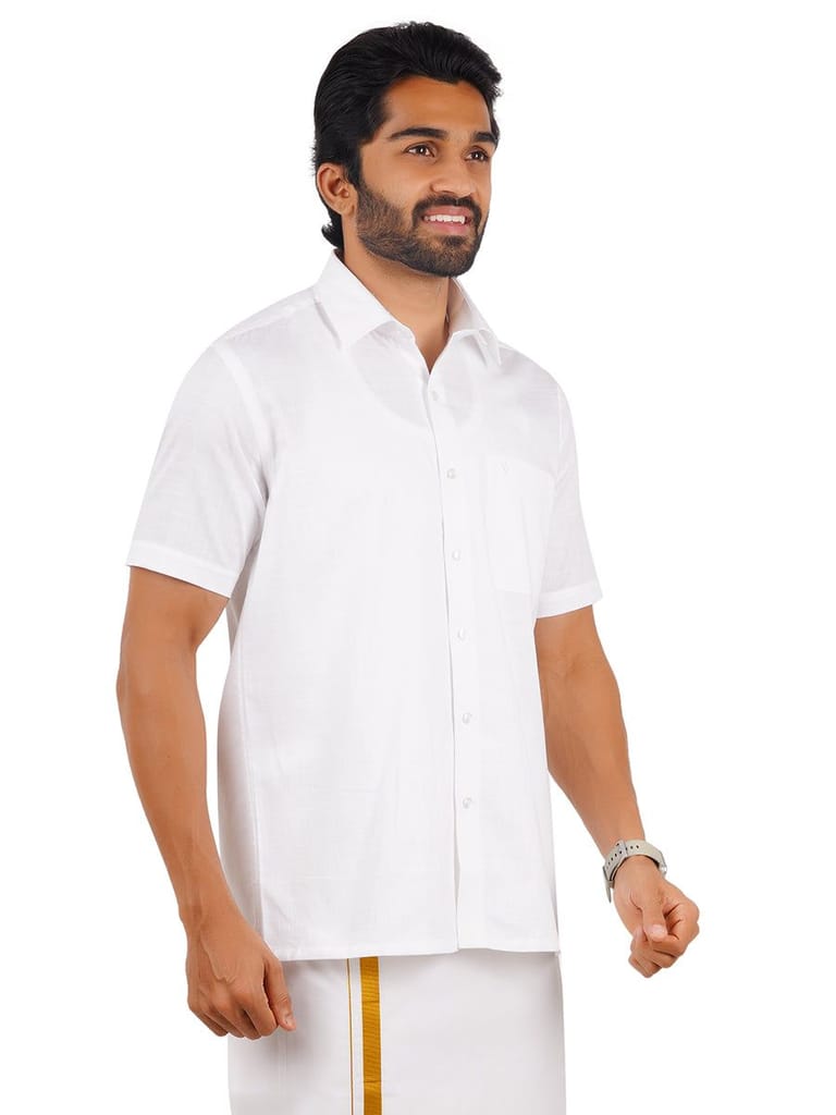 Mens 100% Cotton White Shirt Half Sleeves Celebrity White V2 view 2