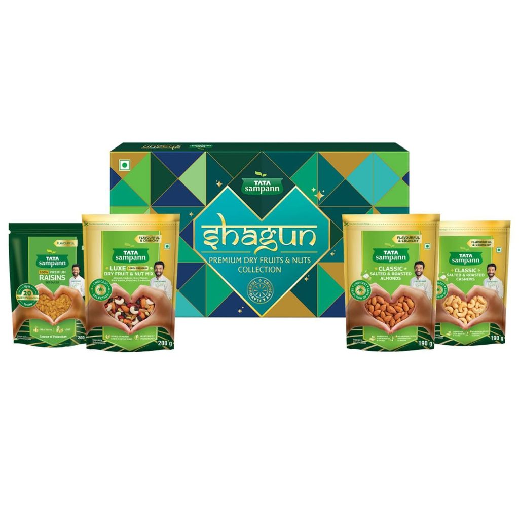 Tata Sampann Shagun | Dry Fruits & Nuts Gift Box| Assorted Pack of 4 | 200g | Choicest selection for Festive & Function Gifting, Corporate Gifting | Salted & Roasted Almonds | Salted & Roasted Cashews | Seedless Raisins | Dry Fruits & Nuts Mix view 2