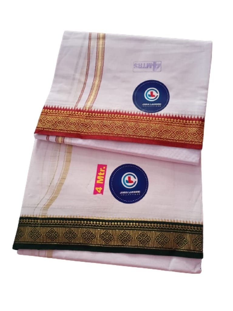 Jinka Lakshmi Collections Combo Handloom White Cotton Dhoti With Big Borders 4 Meters Unstitched Pack of 2 (Multicolor-2) view 2