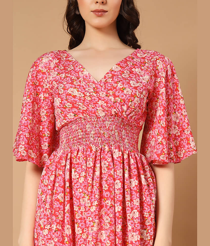 OTABU Women Polyester Printed Fit & Flare Dress ( Pink ) view 2