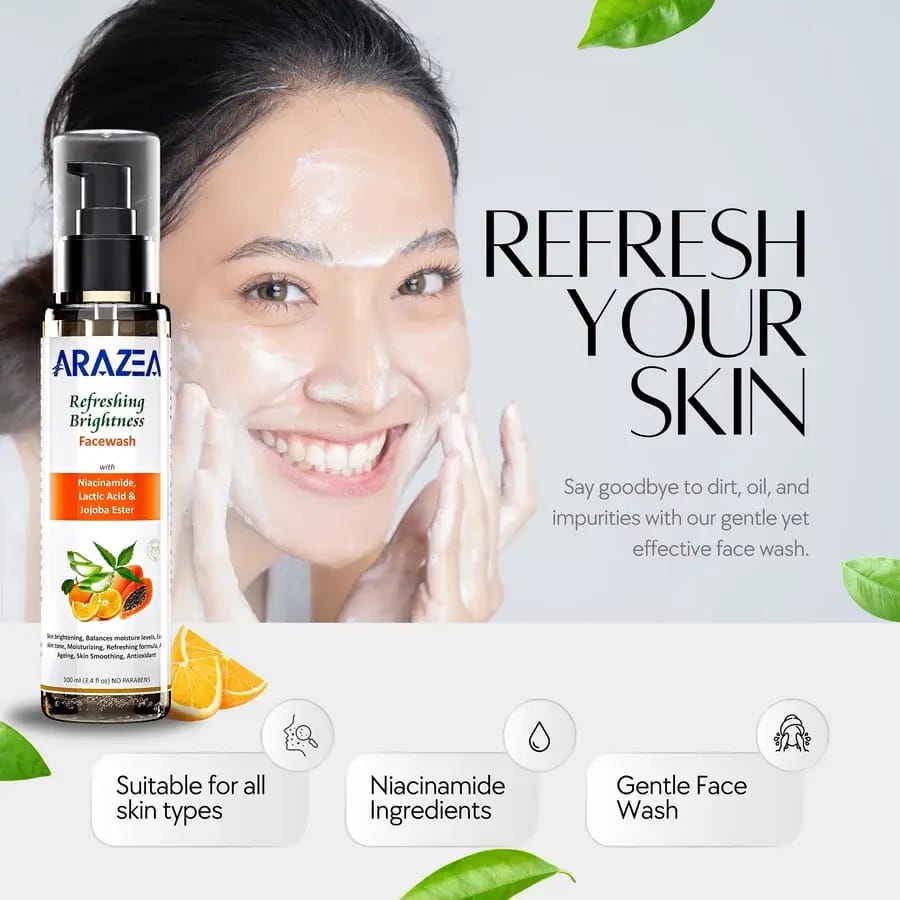 Arazea Refresh Brightening Face Wash with Lactic Acid, Niacinamide &amp; Jojoba Ester | Women &amp; Men | 100 ml view 2