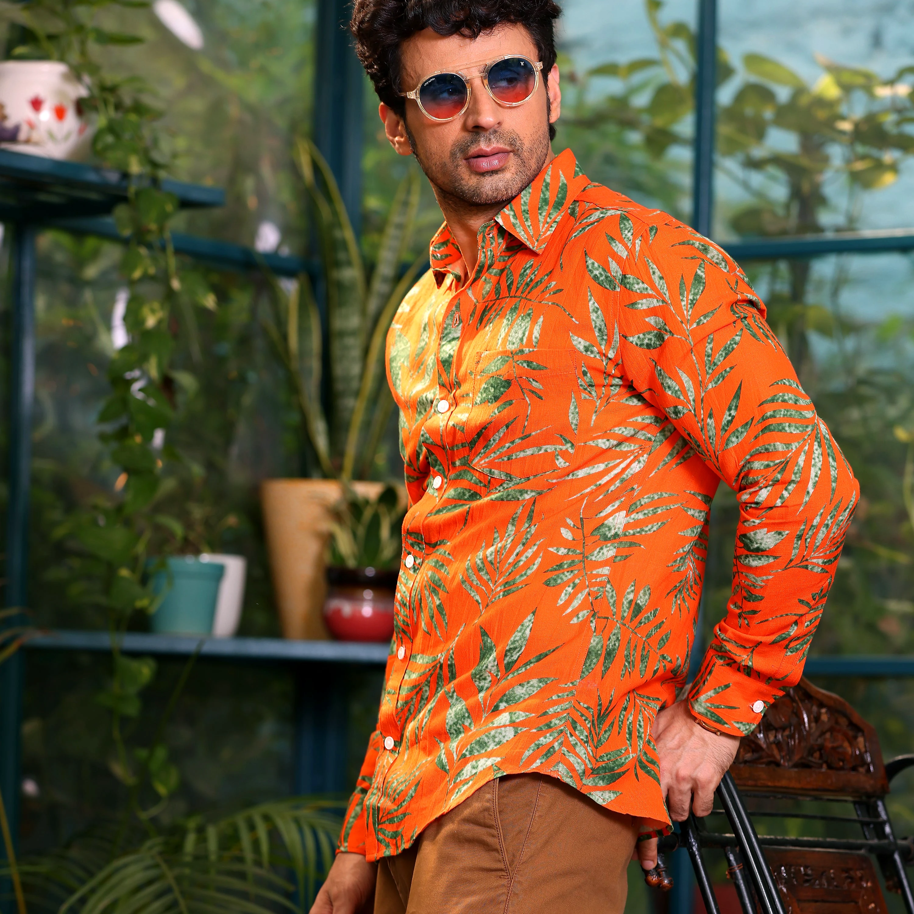 Tropical leaves Vivid Orange Casual Pure Linen Full Shirt (Size - M) by BLUE EAGLE view 2