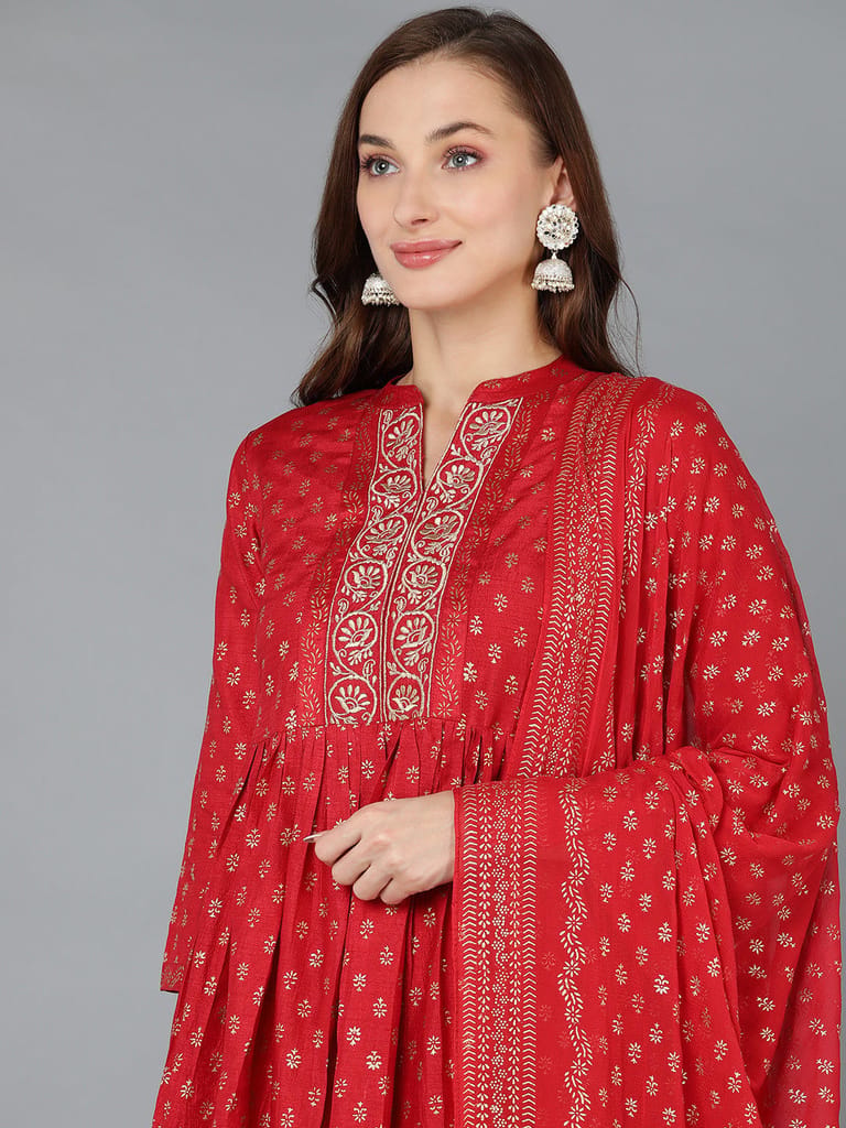 Red Silk Blend Anarkali Kurta Pant With Dupatta PKSKD1776 view 2