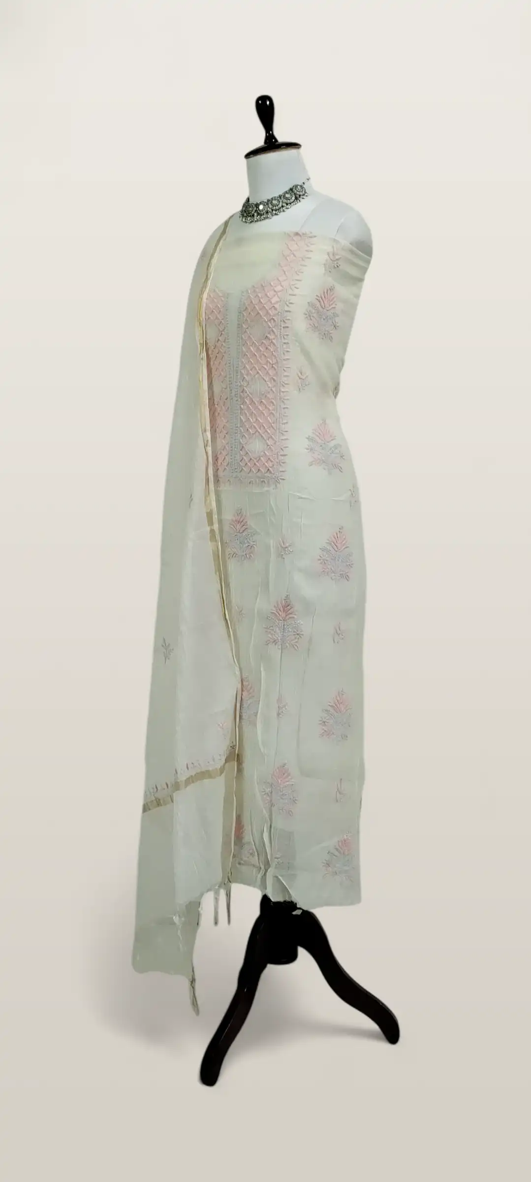 Chikankari Mul Chanderi Dress Material Peach Grey Yoke view 2