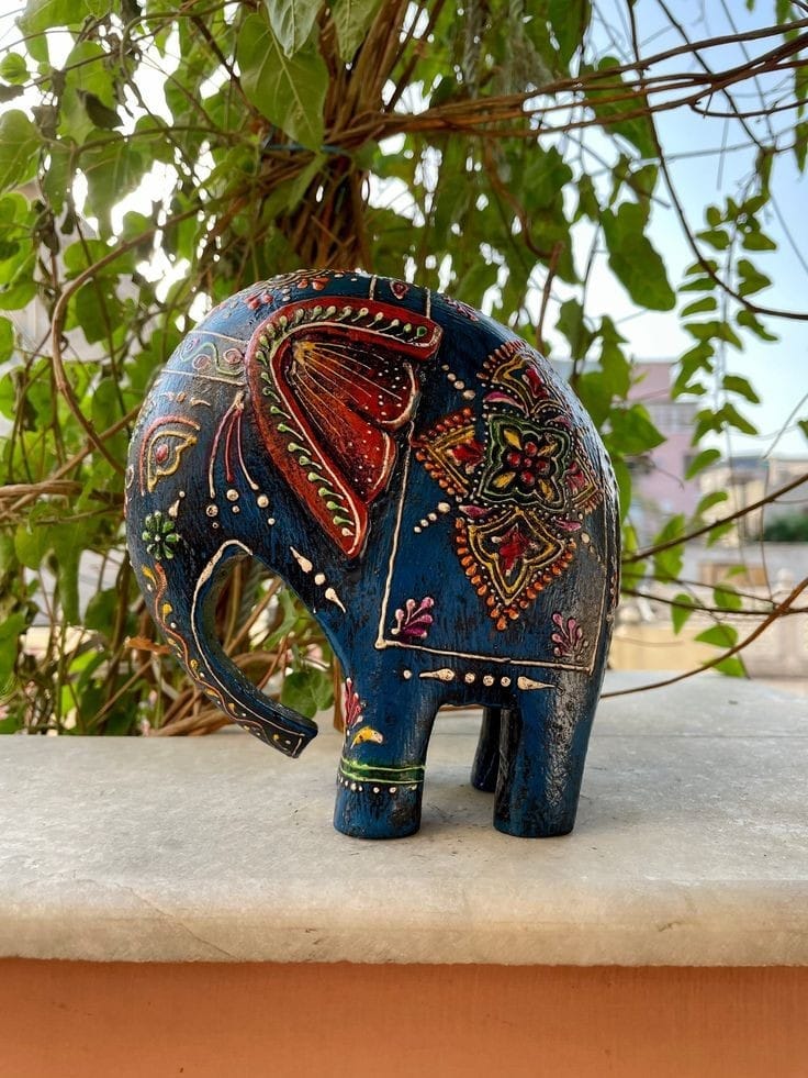 Wooden Elephant Statue Figure, Showpiece, Home Decor, Handmade Hand Painted, Traditional Indian Style Set 1 view 2