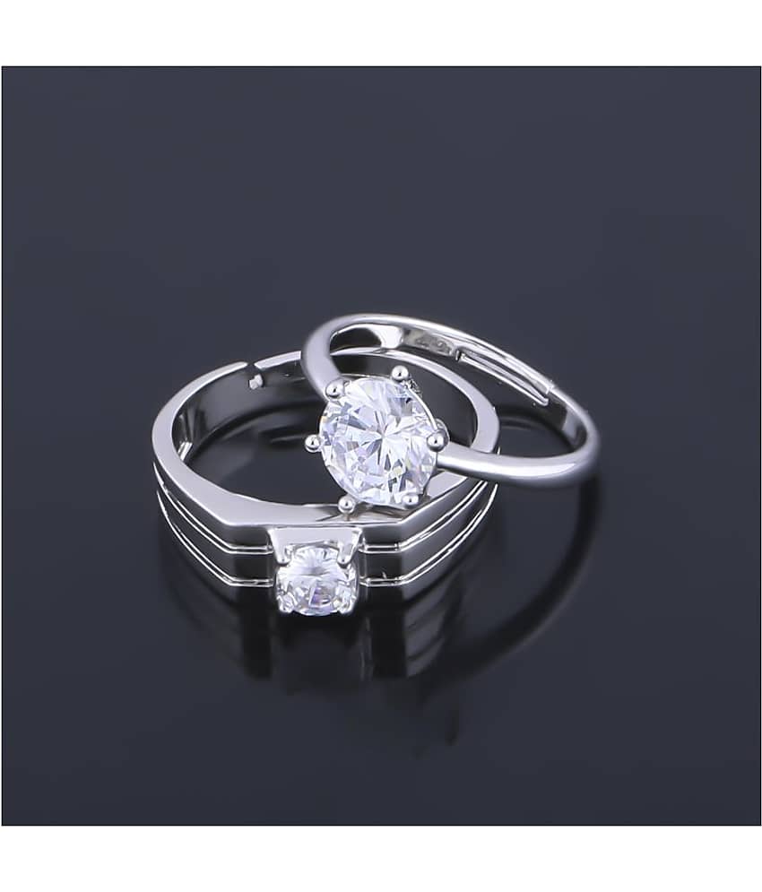 SILVERSHINE, Exclusive silver plated simple and gorgeous one diamond adjustable couple ring for men and women. view 2