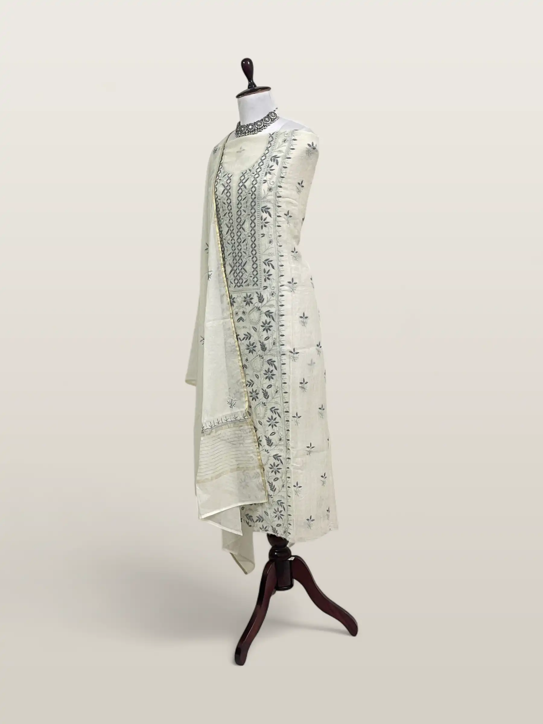 Chikankari Mul Chanderi Dress Material Ivory Blue Green view 2