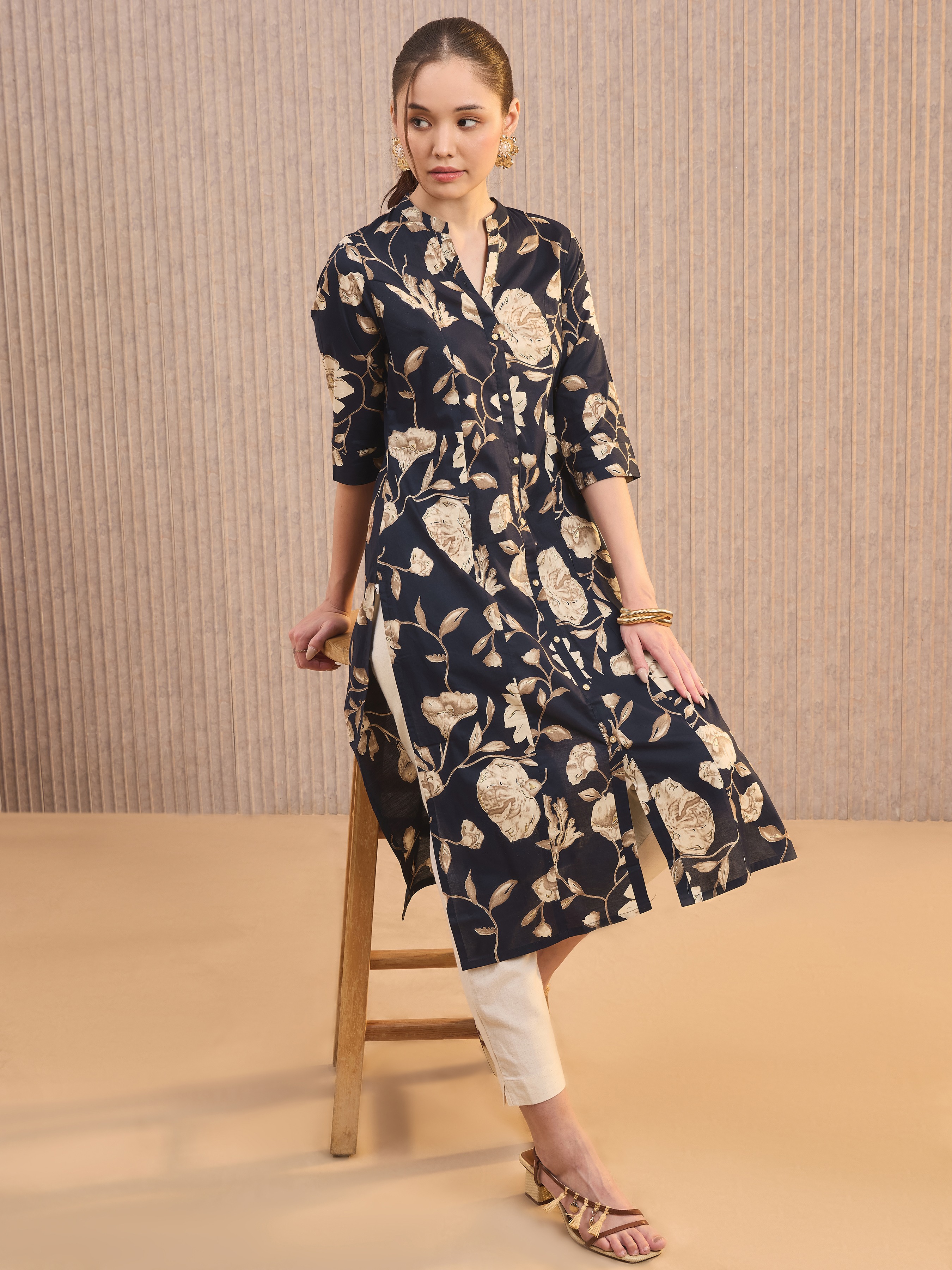 Navy Blue Pure Cotton Printed Kurti With Princess Cut view 2