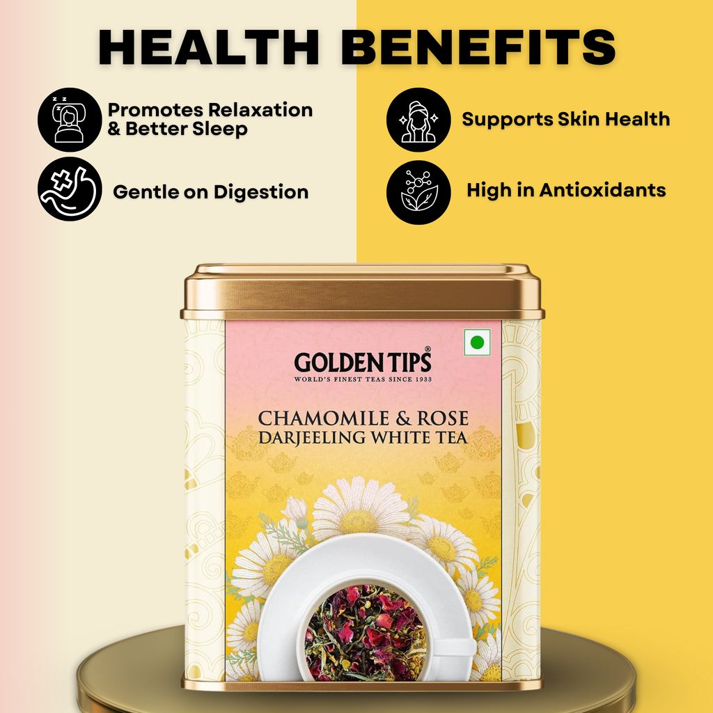 Golden Tips Chamomile & Rose Darjeeling White Tea – Handcrafted White Tea with Rose Petals & Chamomile – Refreshing, Floral Tasting Tea for Peaceful, Relaxing Moments (50 Gram- 25 Cups) view 2