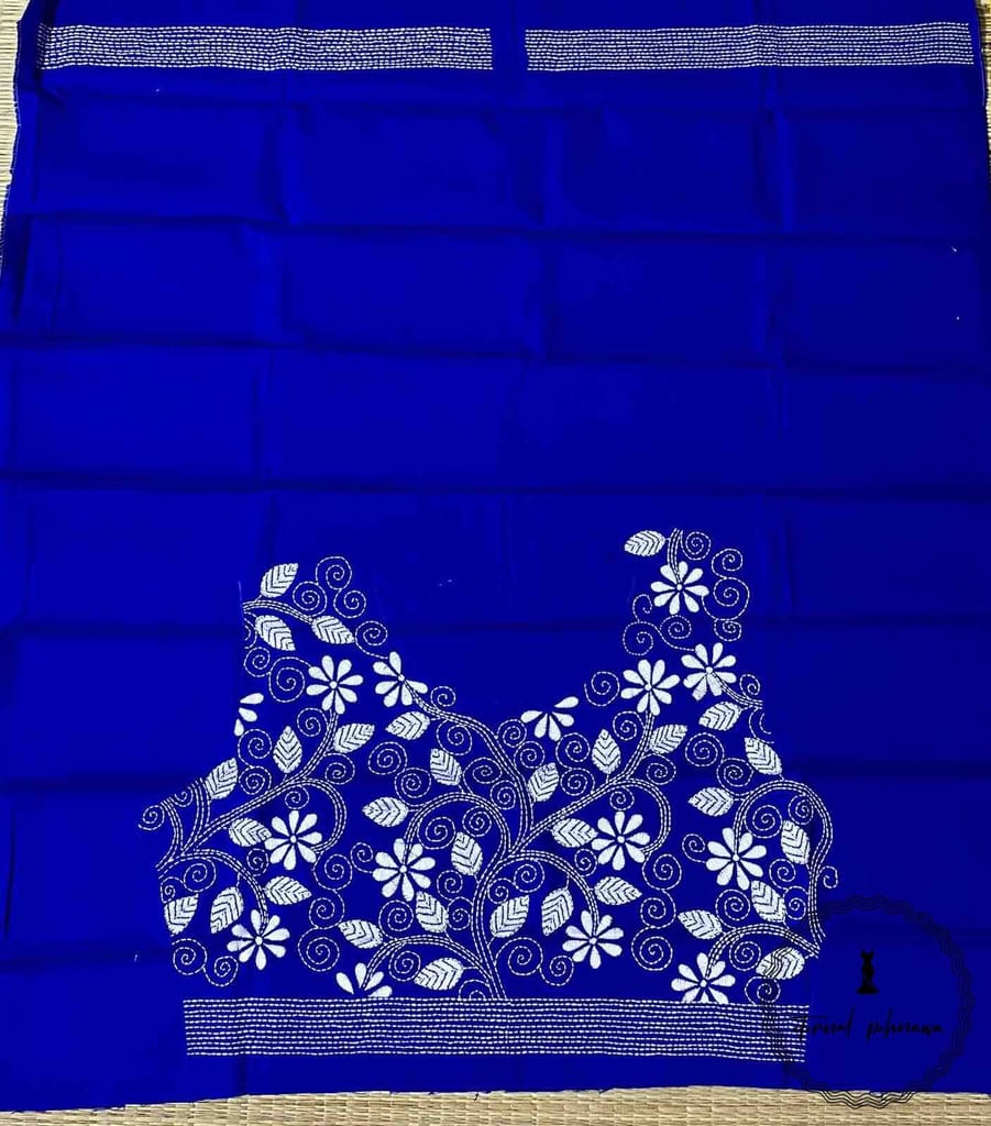 Blue Bengal Kantha Hand Embroidered Blouse Piece for Sarees view 2