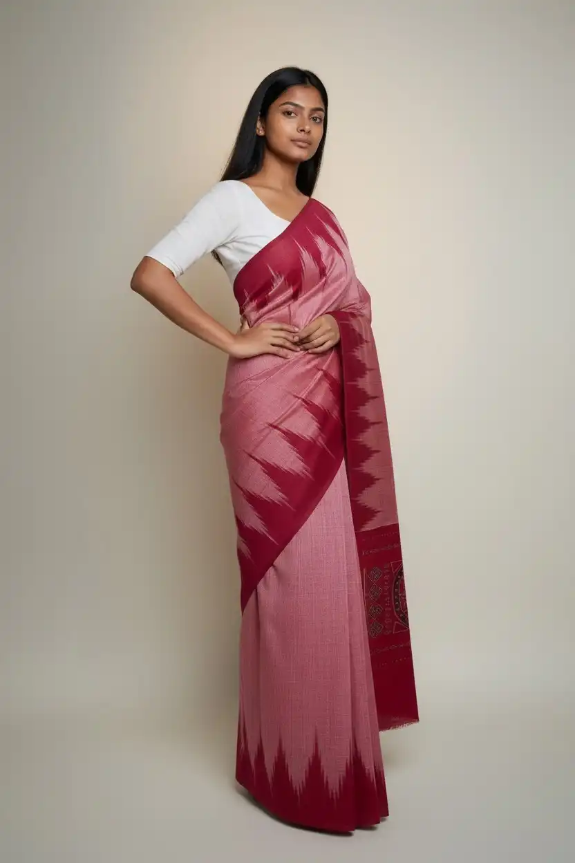 Handwoven Sambalpuri Baandha Ikat Cotton Saree in Pink with Blouse view 2