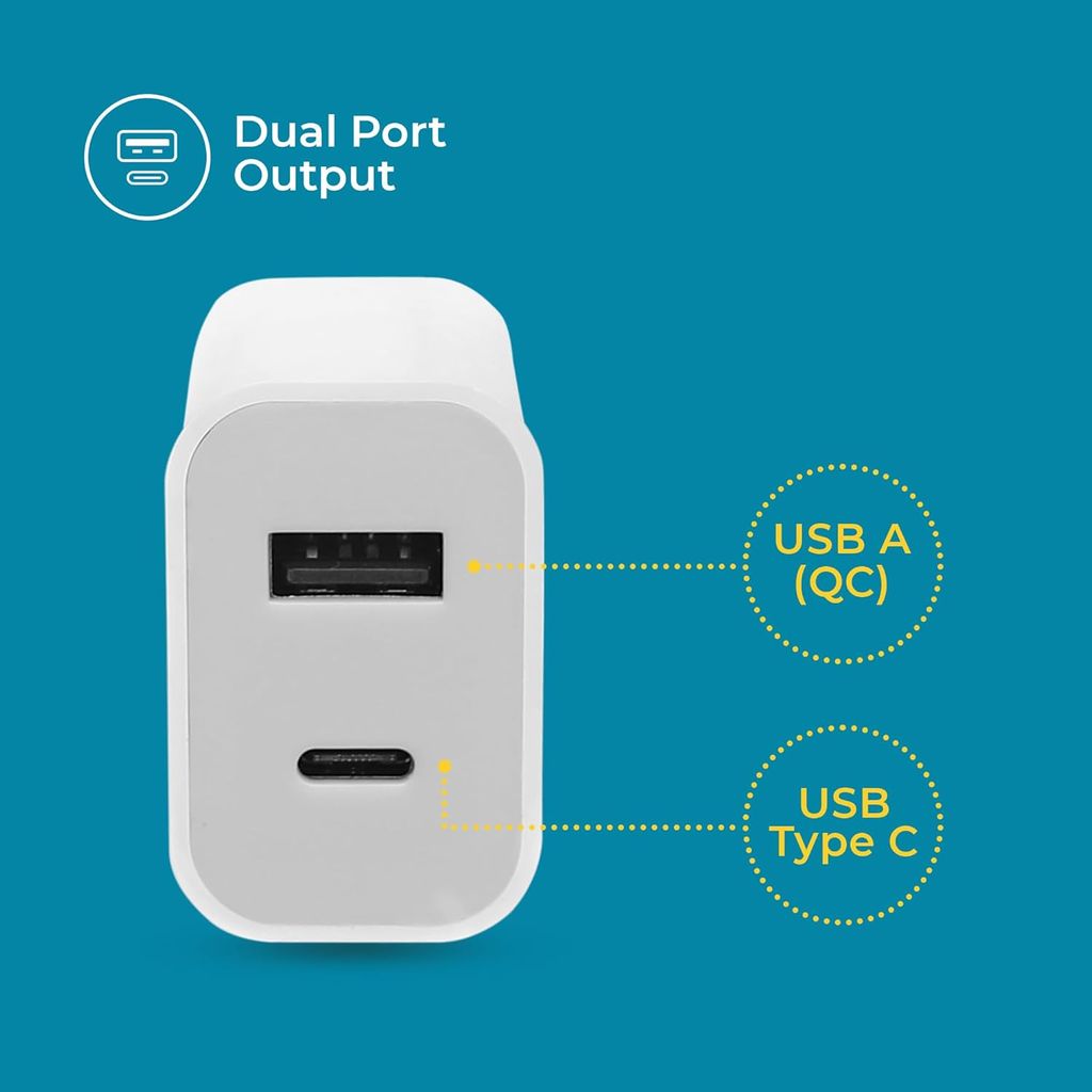 D-Link 20W Dual Port Fast Charger Type-C & USB-A for All Mobiles Phones, Tablets, Power Banks, Smart Watches, Earbuds Etc. Bis Certified, Compact Size & Easy to Carry. - White view 2