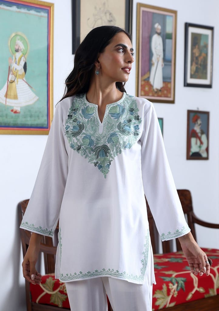 HOC Crafts Aari Embroidered Cotton Solid Women's Short Kurta - White view 2