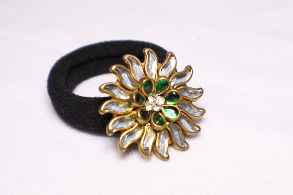 Green & White Floral Hair Tie – Designer Stone Embellished view 2