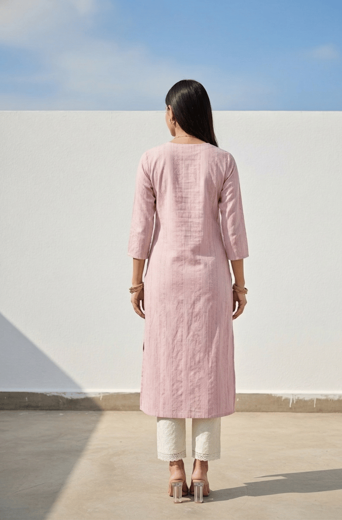 Women Pink Self Design Cotton Blend Kurta view 2