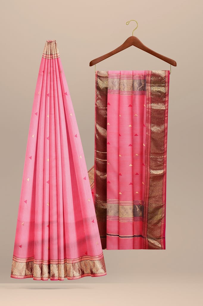 Rose Red Buti Handwoven Maheshwari Silk with Triangle Buti Border Saree SKU-BS10008 view 2