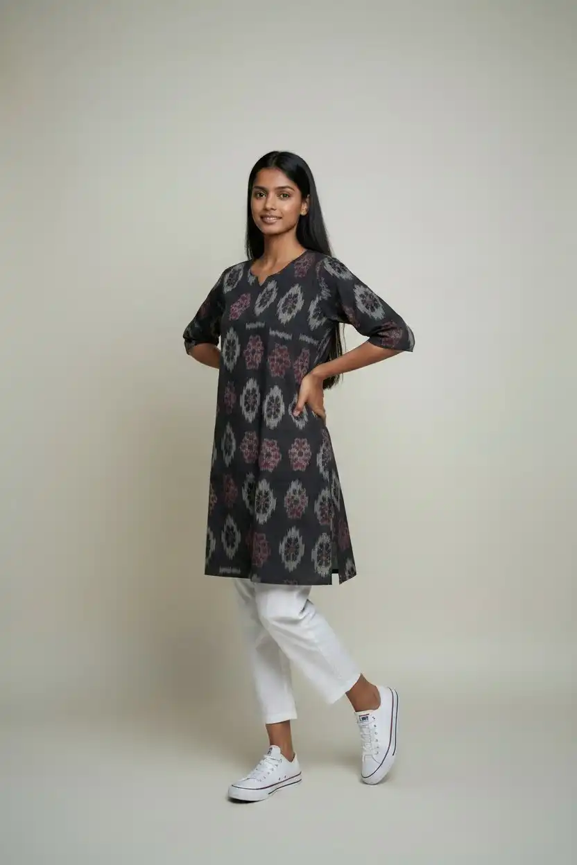 Sambalpuri Ikat Black Maroon Cotton Kurti view 2