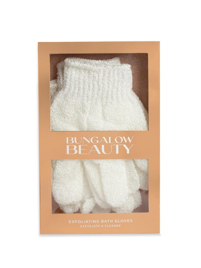 BUNGALOW BEAUTY Microfiber Exfoliating Loofah Body Hand Gloves for Bathing | Shower Gloves | Dry Skin | Dead Skin Cell Remover | Body Scrub | Skin Exfoliator for Body | Shower Gloves for Women (2 Pairs) (White)