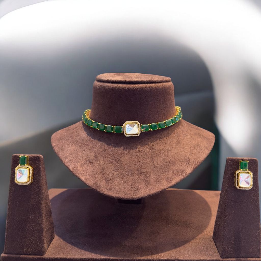Regal Emerald Stone Choker Necklace Set By Dia Art Jewels view 2