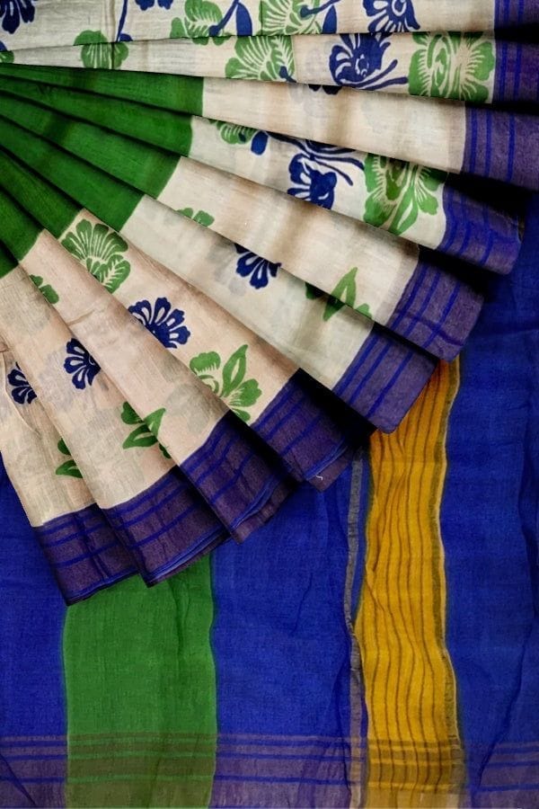 Green Tussar Muga Block Printed Soft Silk Saree view 2