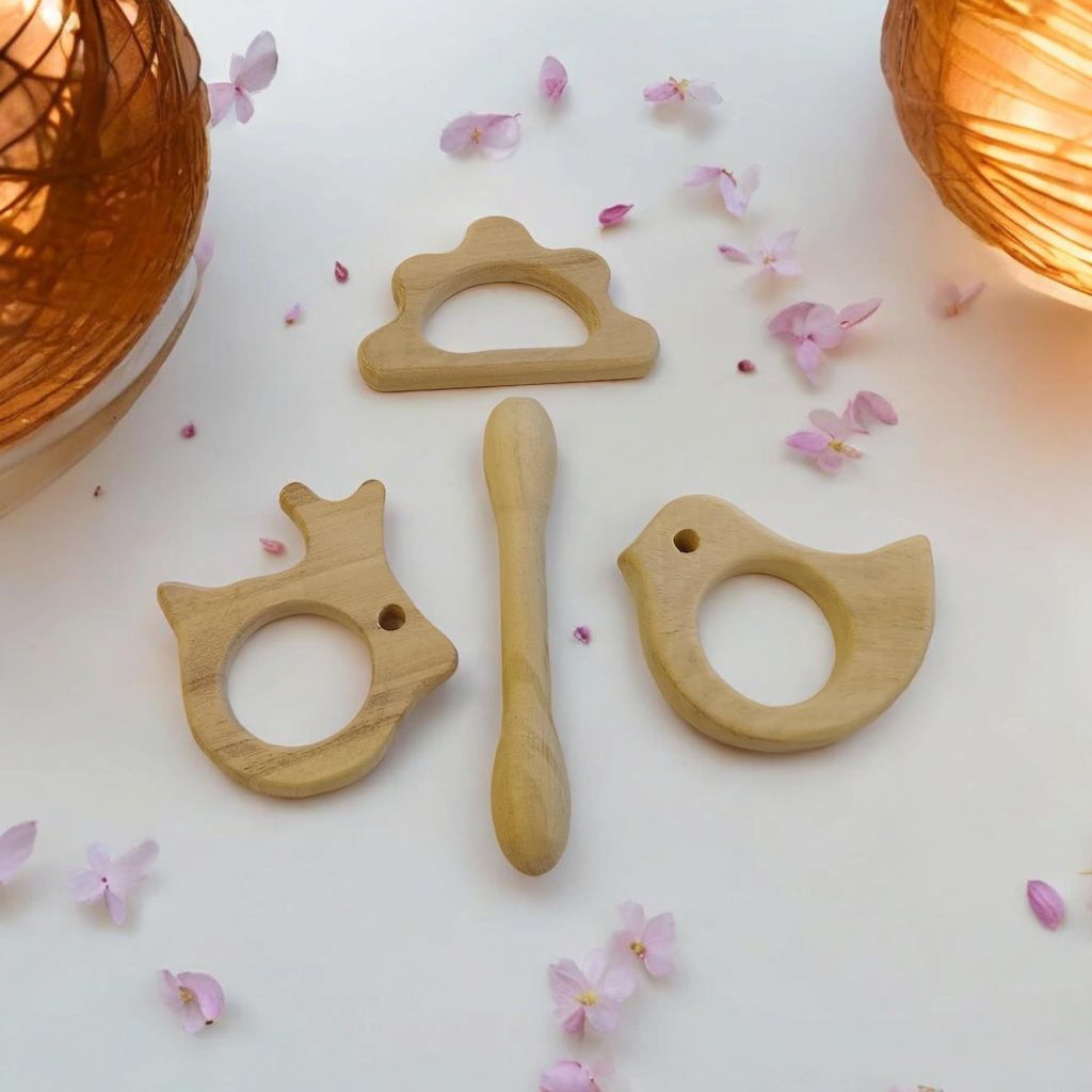 Neemtoys Neem Wooden Pack of 2 Teethers for Babies of Age 0 to 3 Years, Dumbbell, Dove, Cloud and Rabbit Shapes Teether, Teething Toy for Babies with Multiple Textured Surface (Brown) view 2