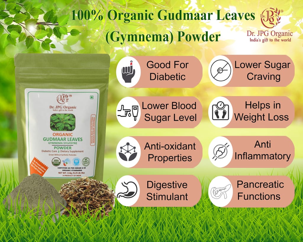 Dr. JPG Organic herbals Gymnema/Gudmar Powder | India Organic Certified | 114g Pack of 2 | Herbal Supplement view 2