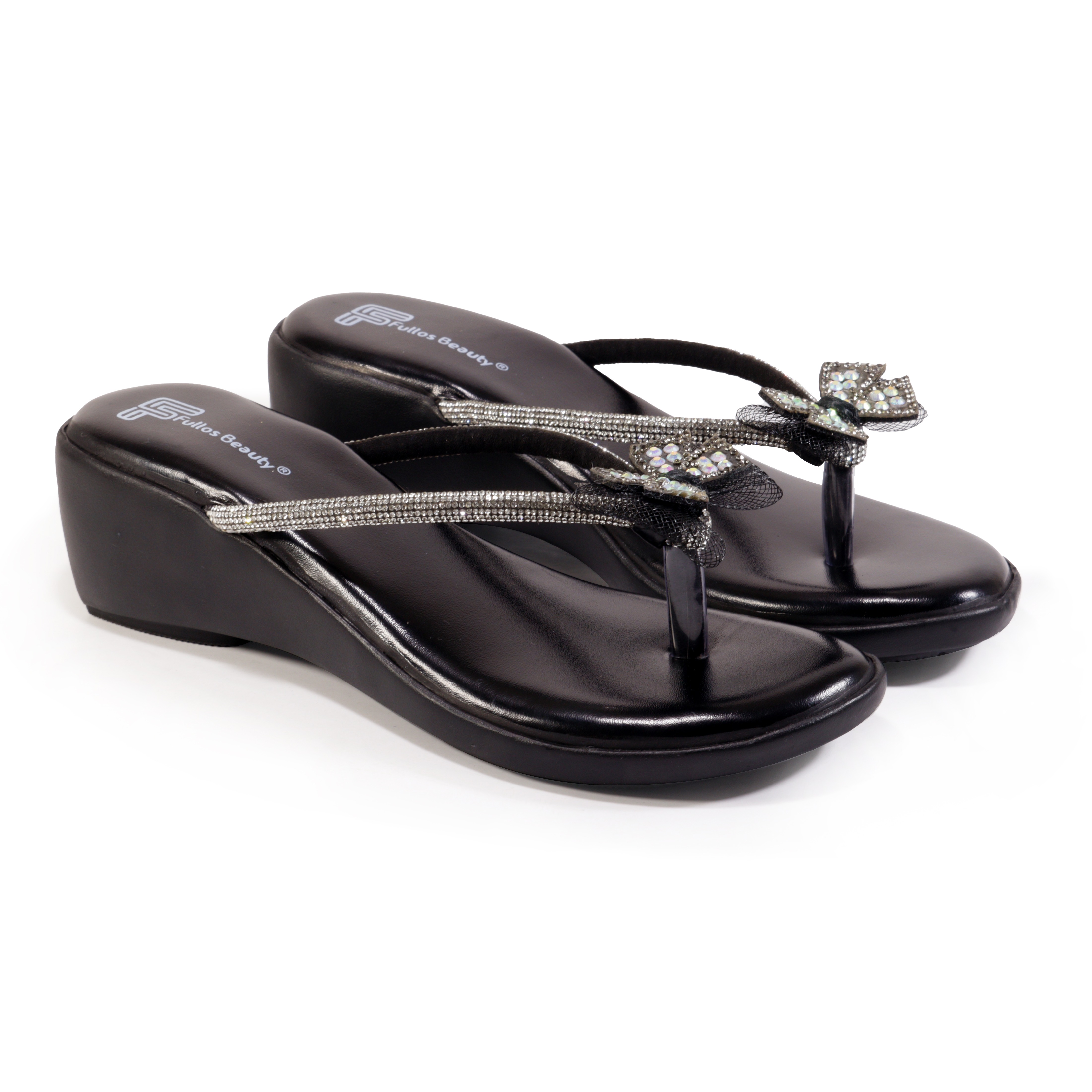 Fullos Beauty Women's Wedge Heels with Glitter Straps & Bow Design, Comfortable Slip-On Flip-Flops for Casual Wear Black view 2