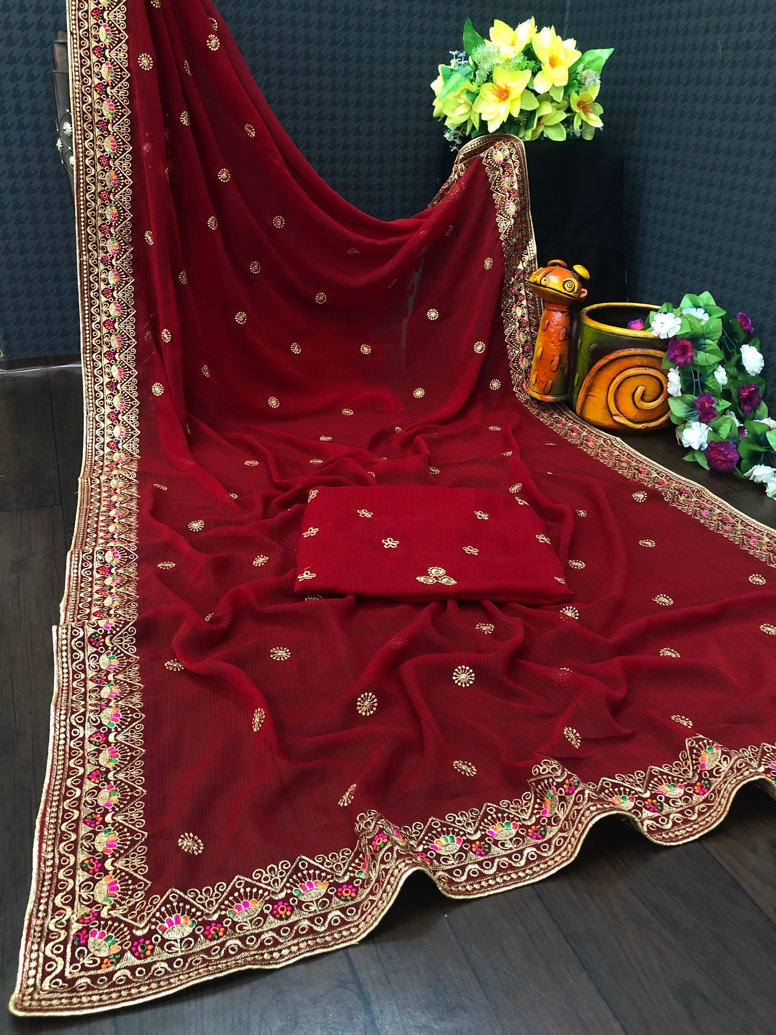 Flute Fashion Designer Embroidery Work Saree