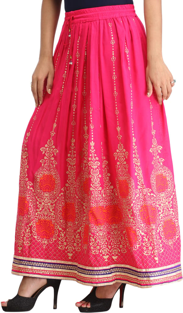 Raspberry-Sorbet Embellished Long Skirt with Golden Print and Embroidered Patch Border view 2