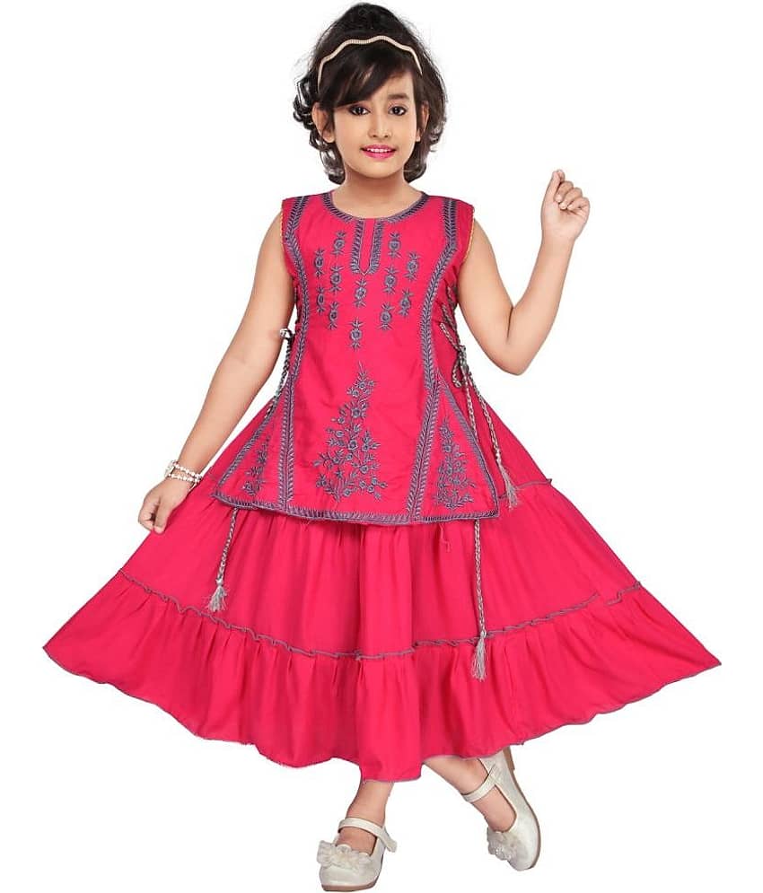 M.MONGELA DRESSES Cotton Blend Fit And Flare Dress For Girls ( Pack of 1 , Pink )