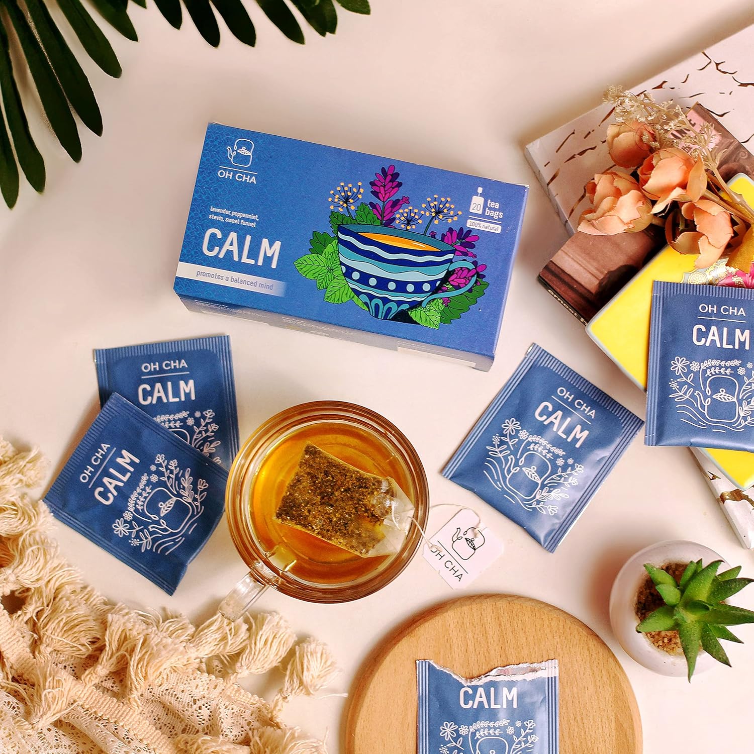 Oh Cha Calm, Green Tea Bags | Stress Relieving Tea with Lavender, Peppermint, Sweet Fennel, Stevia | 100% Natural Ingredients, Green Tea for Weight Loss | Boosts Nervous System, 40 gm - 20 Bags view 2