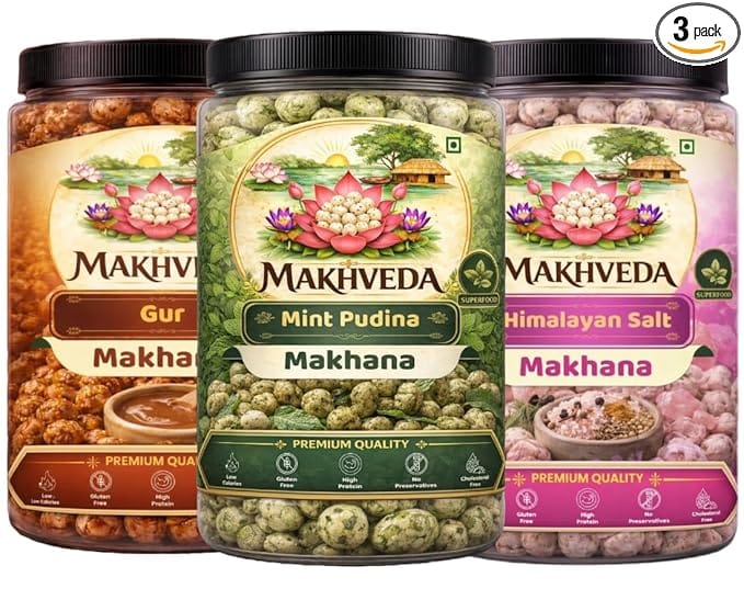MAKHVEDA - Superfood Desi Crunch Combo Makhana Roasted Fox Nuts Popped Lotus Seeds Healthy Snack Low Calorie High Protein Gluten Free Crunchy and Delicious Flavours Gud Mint Pudina Himalayan Pink Salt