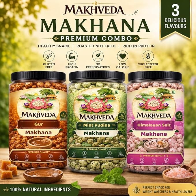 MAKHVEDA - Superfood Desi Crunch Combo Makhana Roasted Fox Nuts Popped Lotus Seeds Healthy Snack Low Calorie High Protein Gluten Free Crunchy and Delicious Flavours Gud Mint Pudina Himalayan Pink Salt view 2