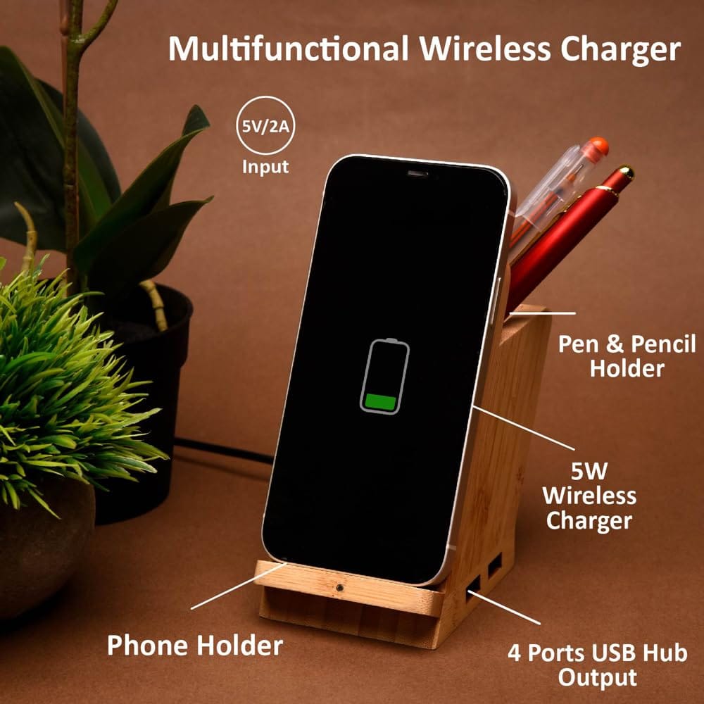 Wangari Maple 15W Wireless charger & USB Hub with Pen Stand view 2