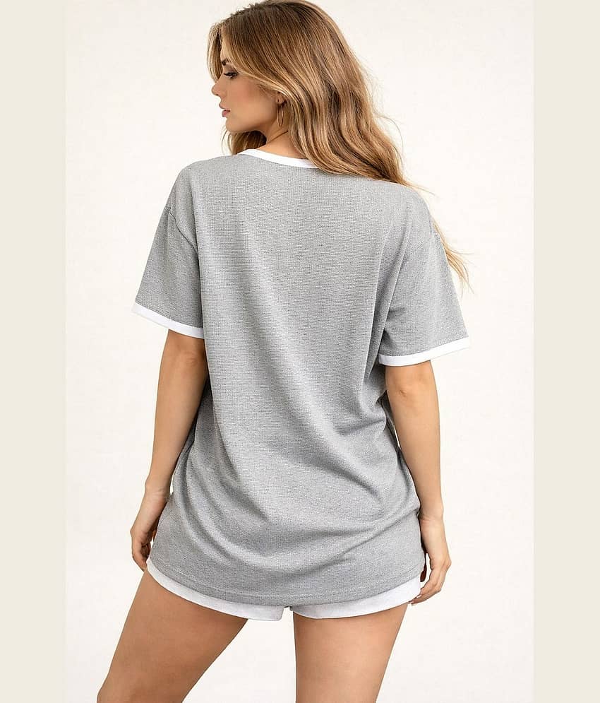 RodZen Women Poly Cotton Oversized Fit V-Neck T-Shirt ( Grey ) view 2