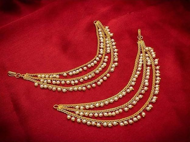 MEENAZ Brass copper Gold kanchain 3 layer long bridal wedding ear kan chain Champaswaralu earchains Ear Chains for Hair Jhumka Jhumki kanoti moti pearl Traditional Earrings for women girls Golden-M020 view 2