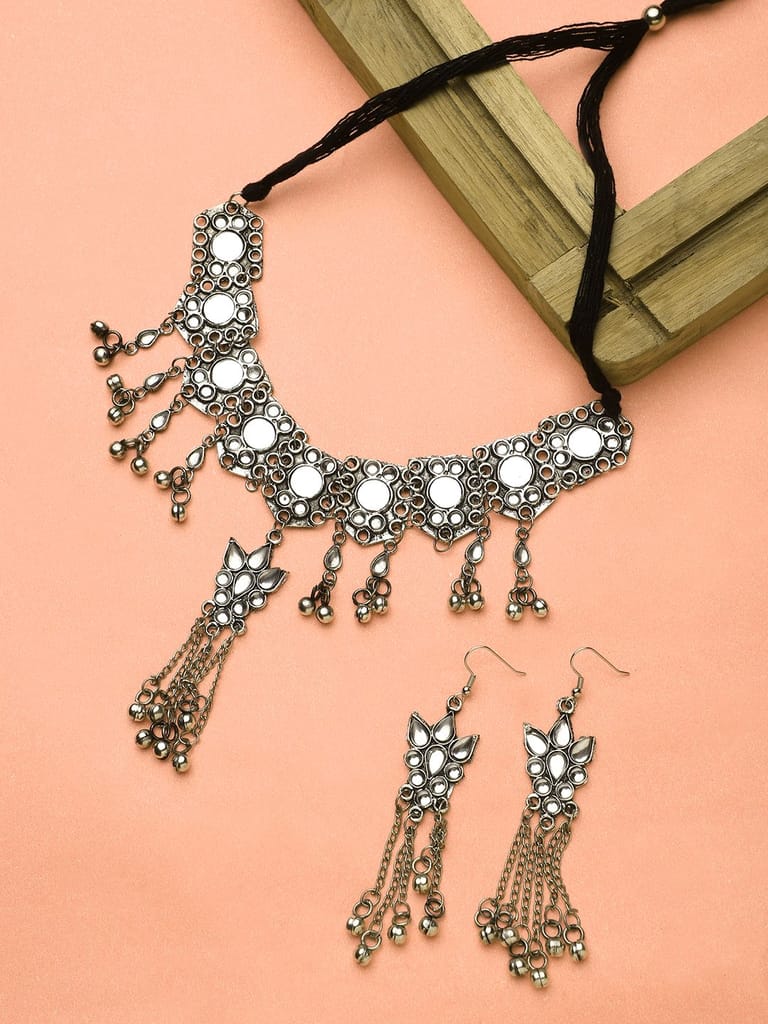 Cardinal Oxidized Silver Color White Stone Choker Necklace Set view 2
