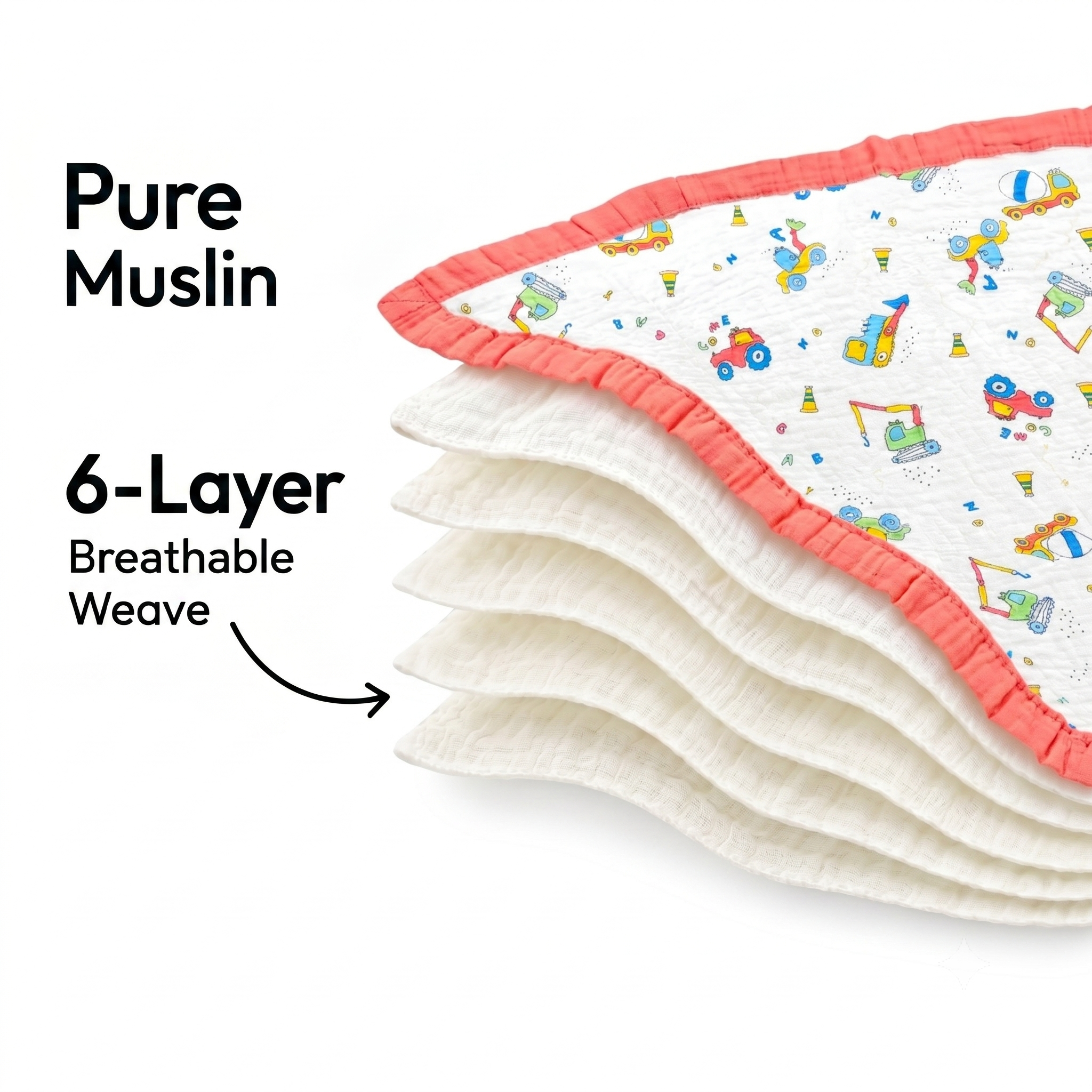 6-Layer Muslin Cotton Baby AC Blanket — Ultra-Soft, Breathable & Lightweight Blanket for Newborn to 6 Years, Stroller Cover & Crib Sheet (White and Coral Red) view 2
